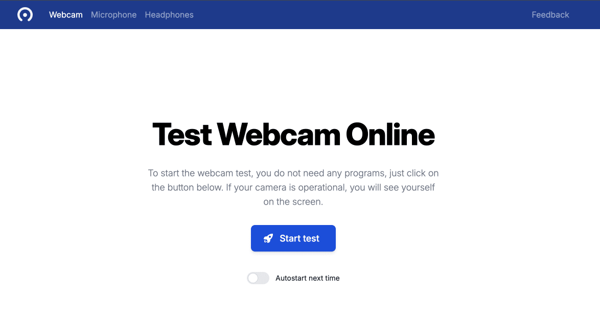 Giao diện đầu tiên khi vào màn hình trang web webcammictest.com